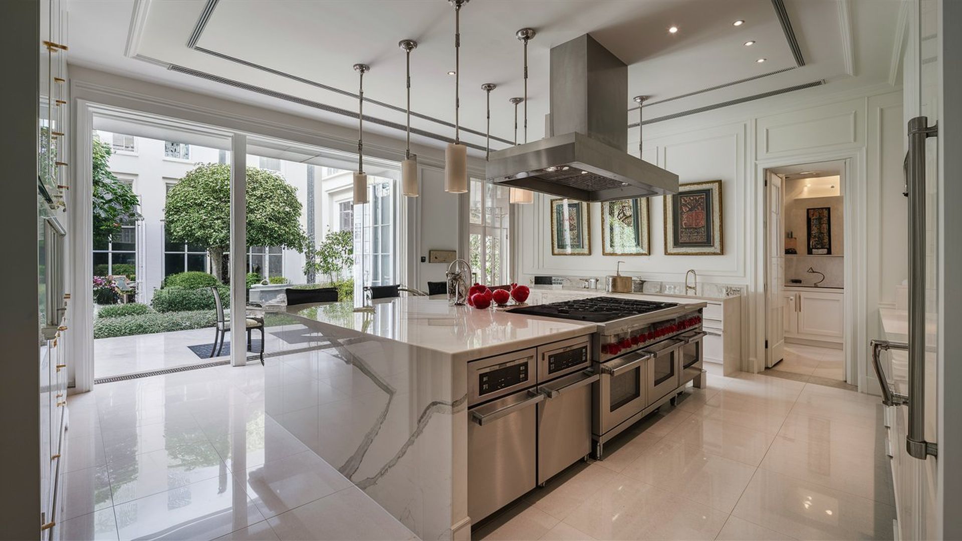 Spacious white kitchen with marble island, stainless steel appliances, and large windows overlooking a garden.