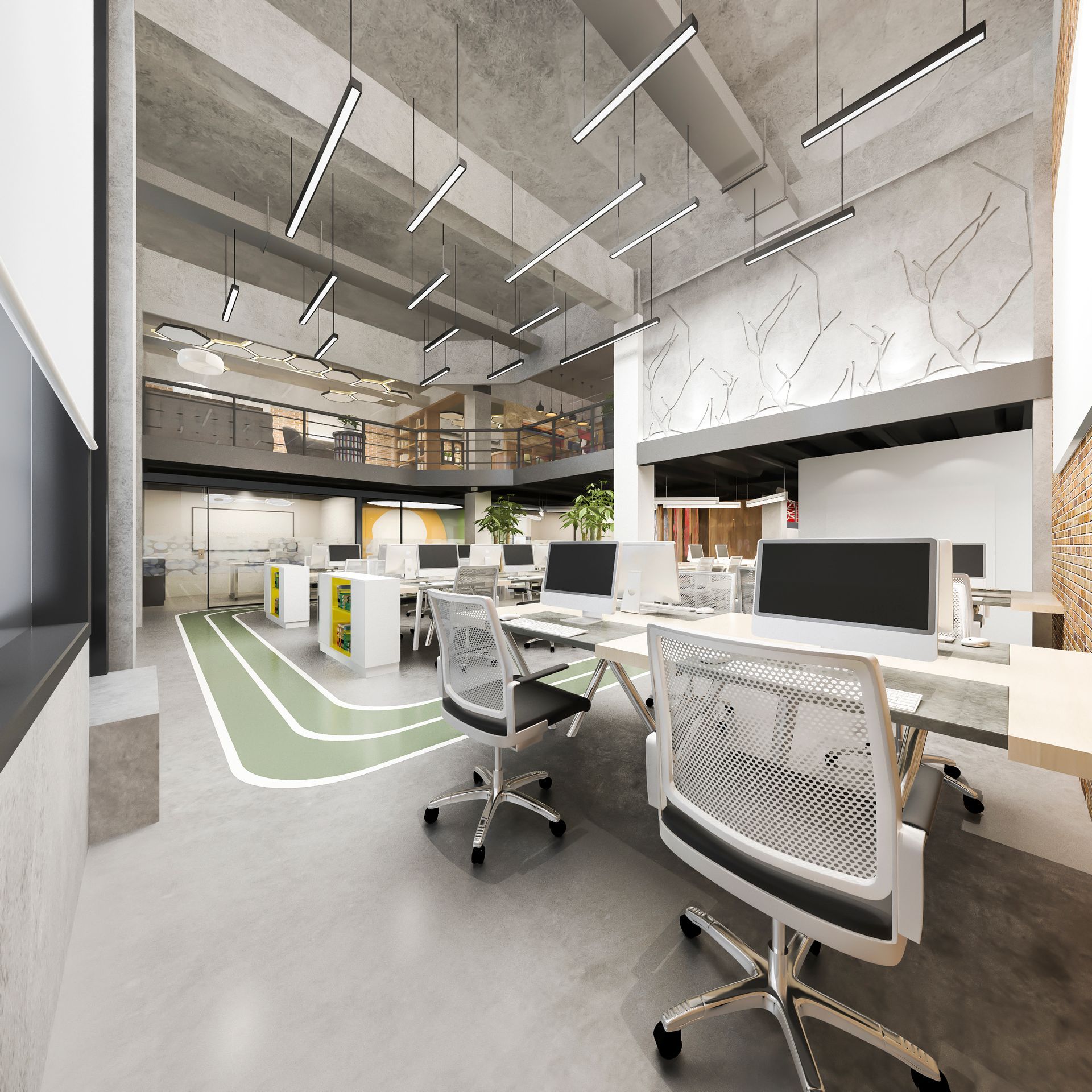 An artist 's impression of an office with lots of desks and chairs.