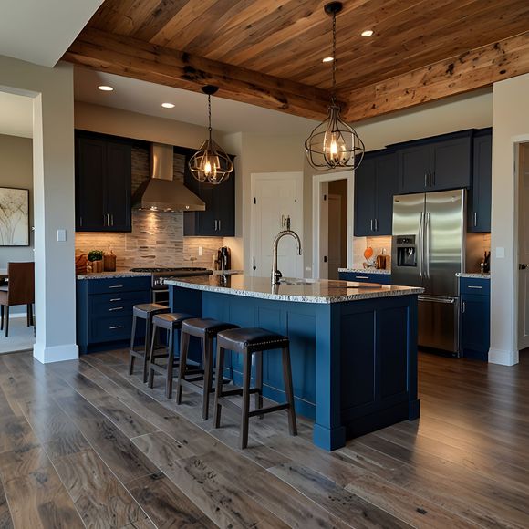 A kitchen with blue cabinets and stainless steel appliances