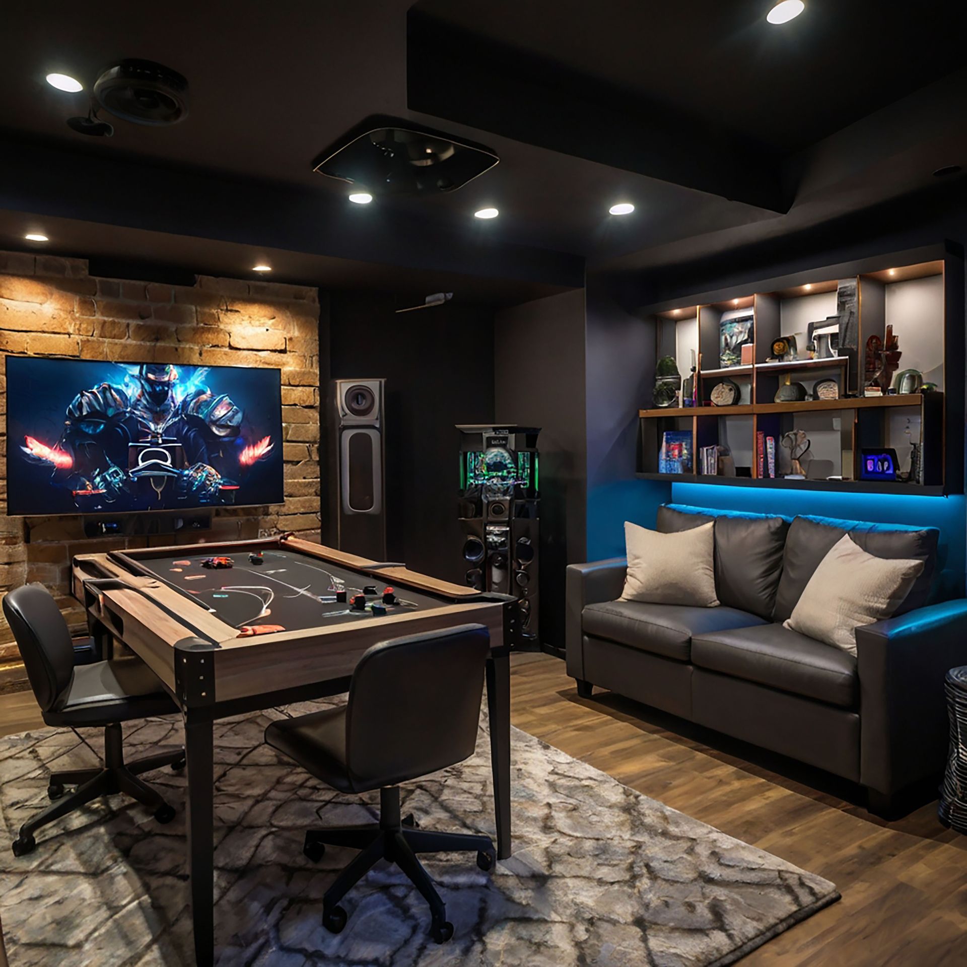 Game room with a table, large screen, sofa, and shelves. Dark walls, wood, and a rug.