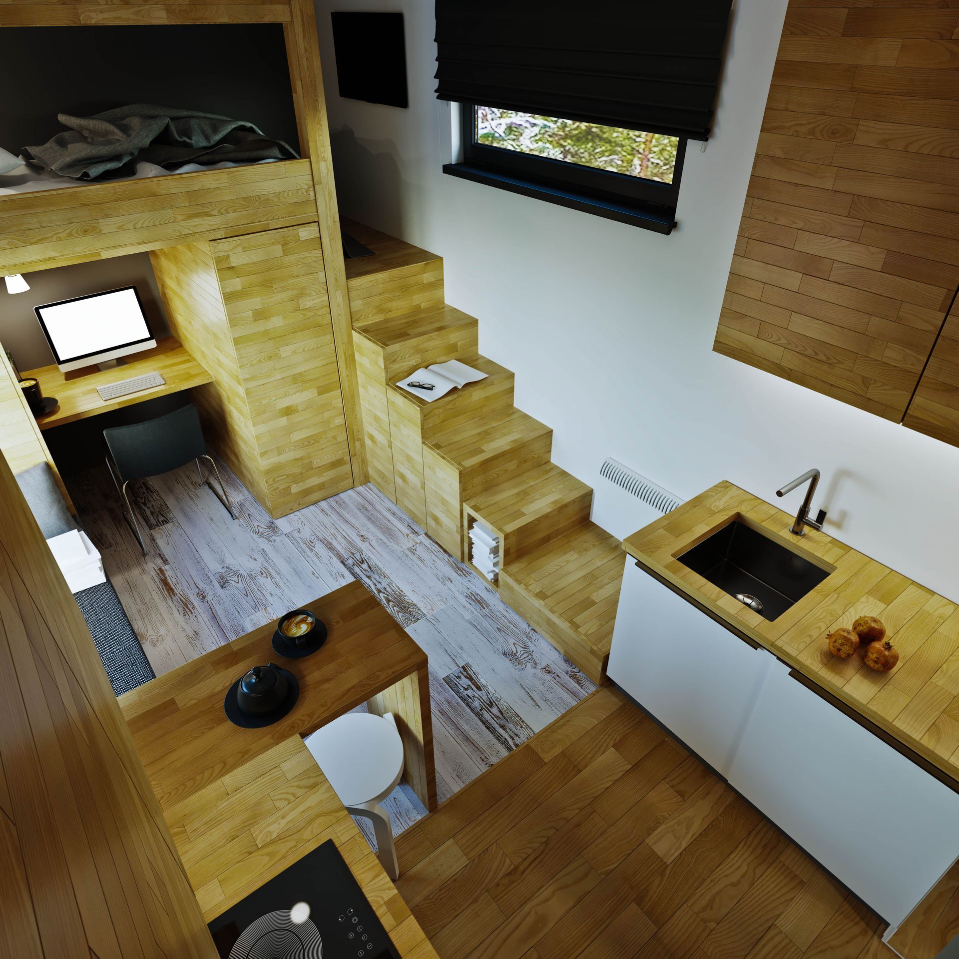 A kitchen with stairs leading up to a bunk bed