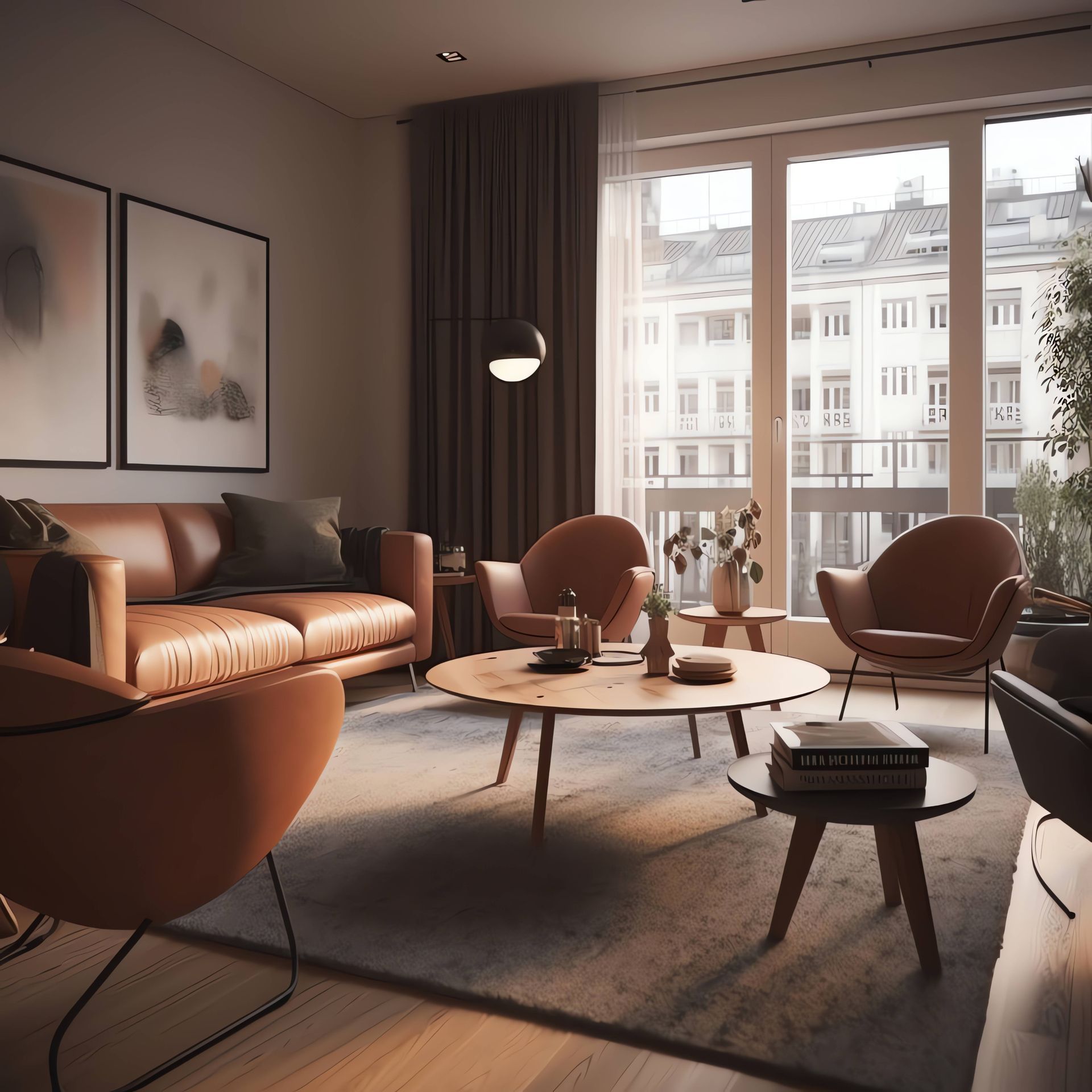 A living room with a couch , chairs , and a coffee table.