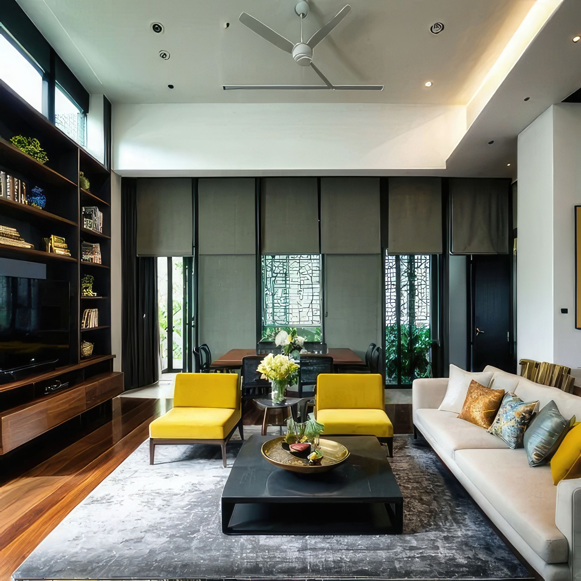 A living room with a couch and two yellow chairs