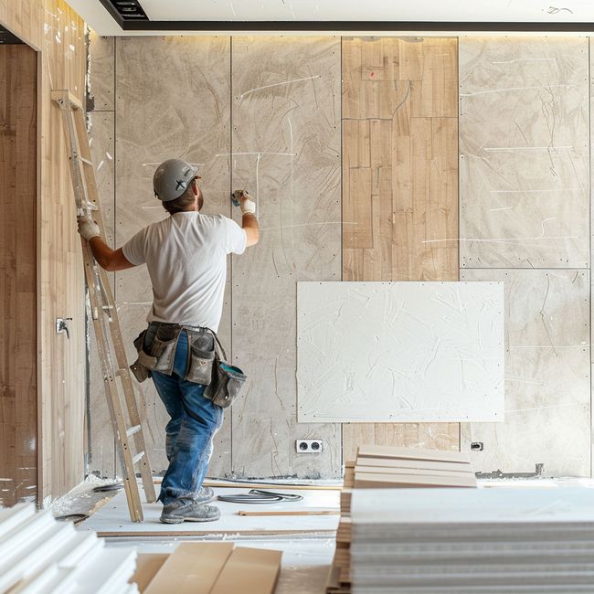 A man is working on a wall with a ladder