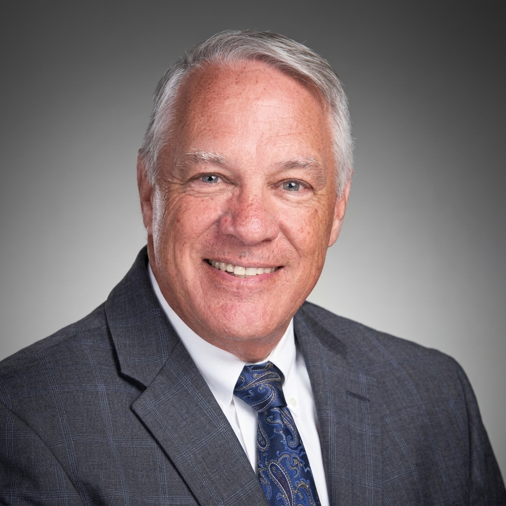 Smiling man in a gray suit and blue tie against a gray studio background