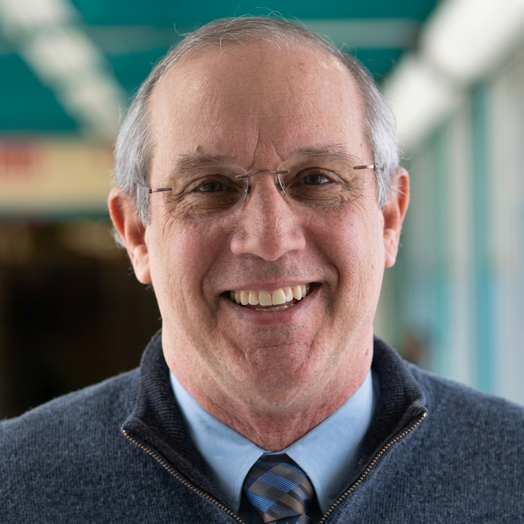 Smiling man wearing glasses and a blue tie in a bright indoor hallway