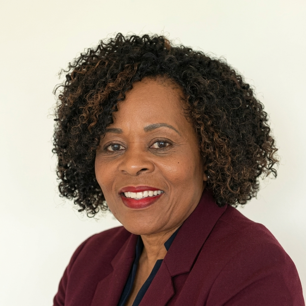 Smiling woman in maroon blazer against a light background