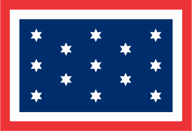 Blue flag with white stars, framed by a red border on a white background