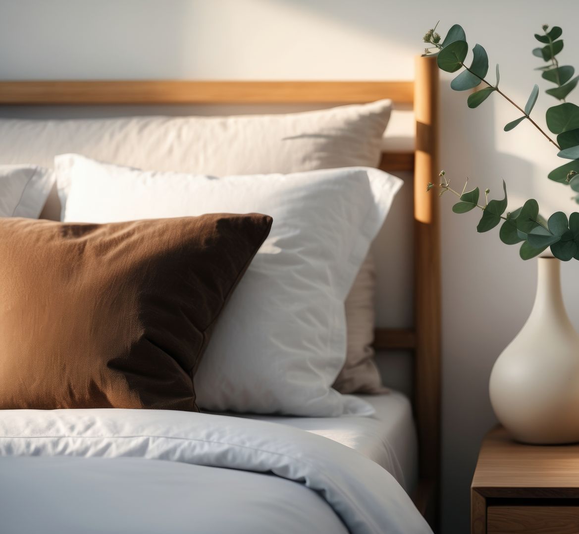 Bed with white linens, brown and white pillows, wooden headboard, and vase with eucalyptus.