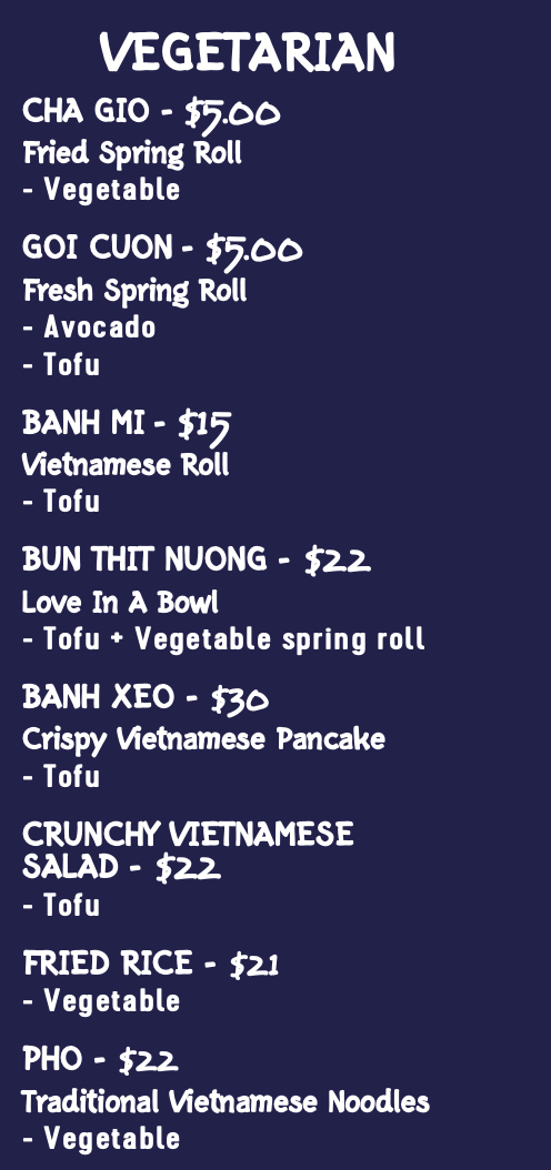 Vegetarian Menu — Blue Buffalo Café in Laurieton NSW