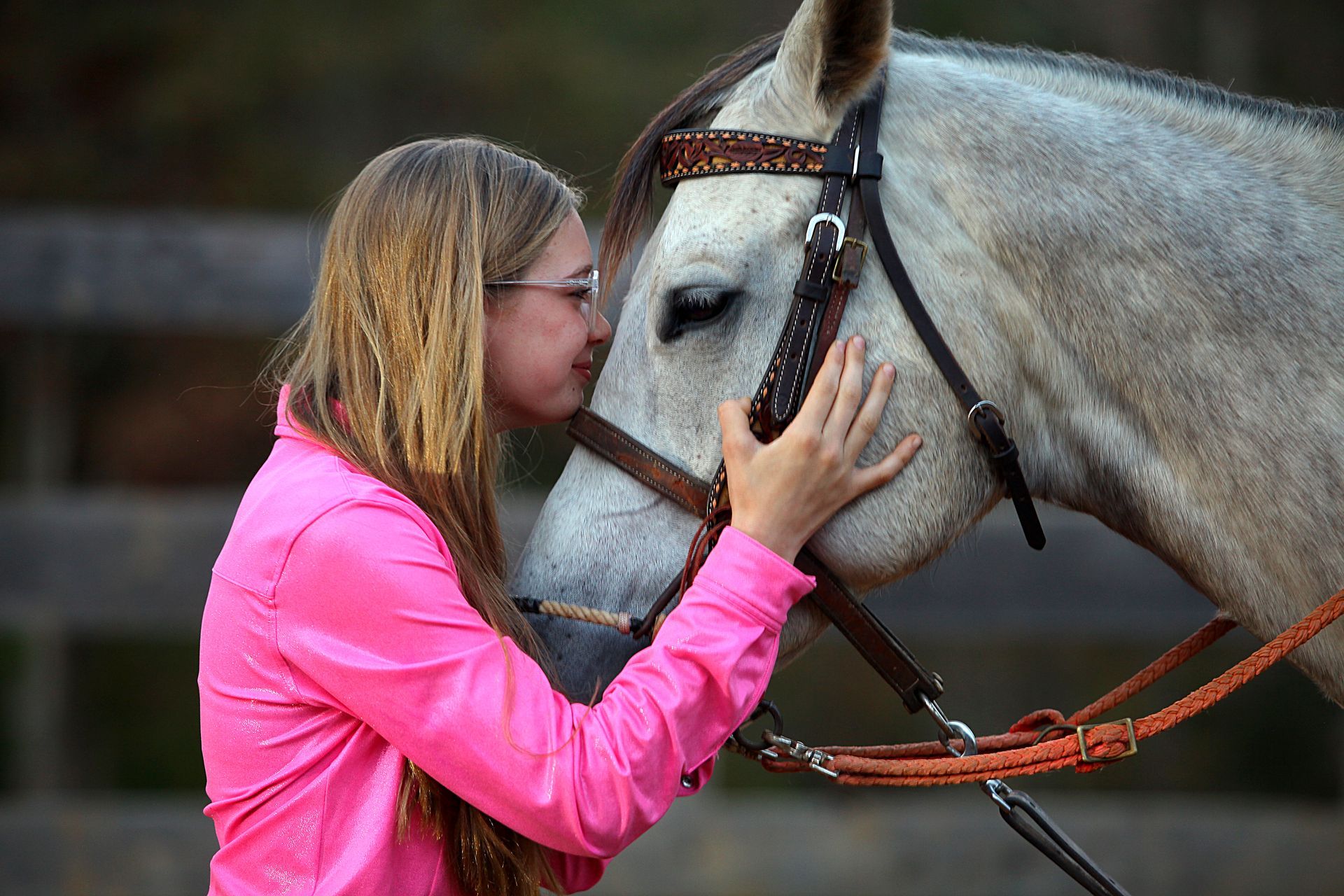 A girl in a pink jacket is petting a horse 's face.