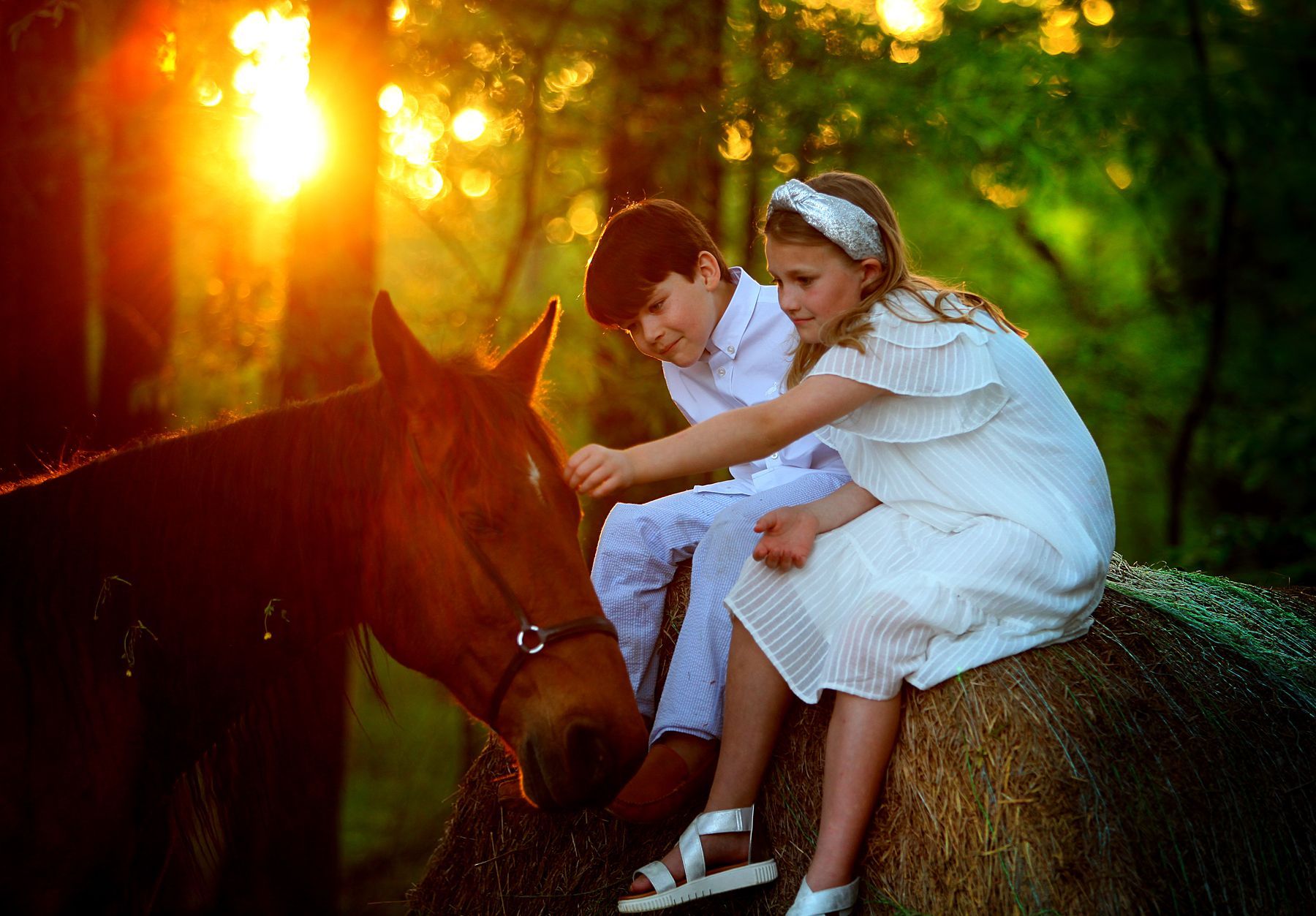 A boy and a girl are sitting next to a horse.