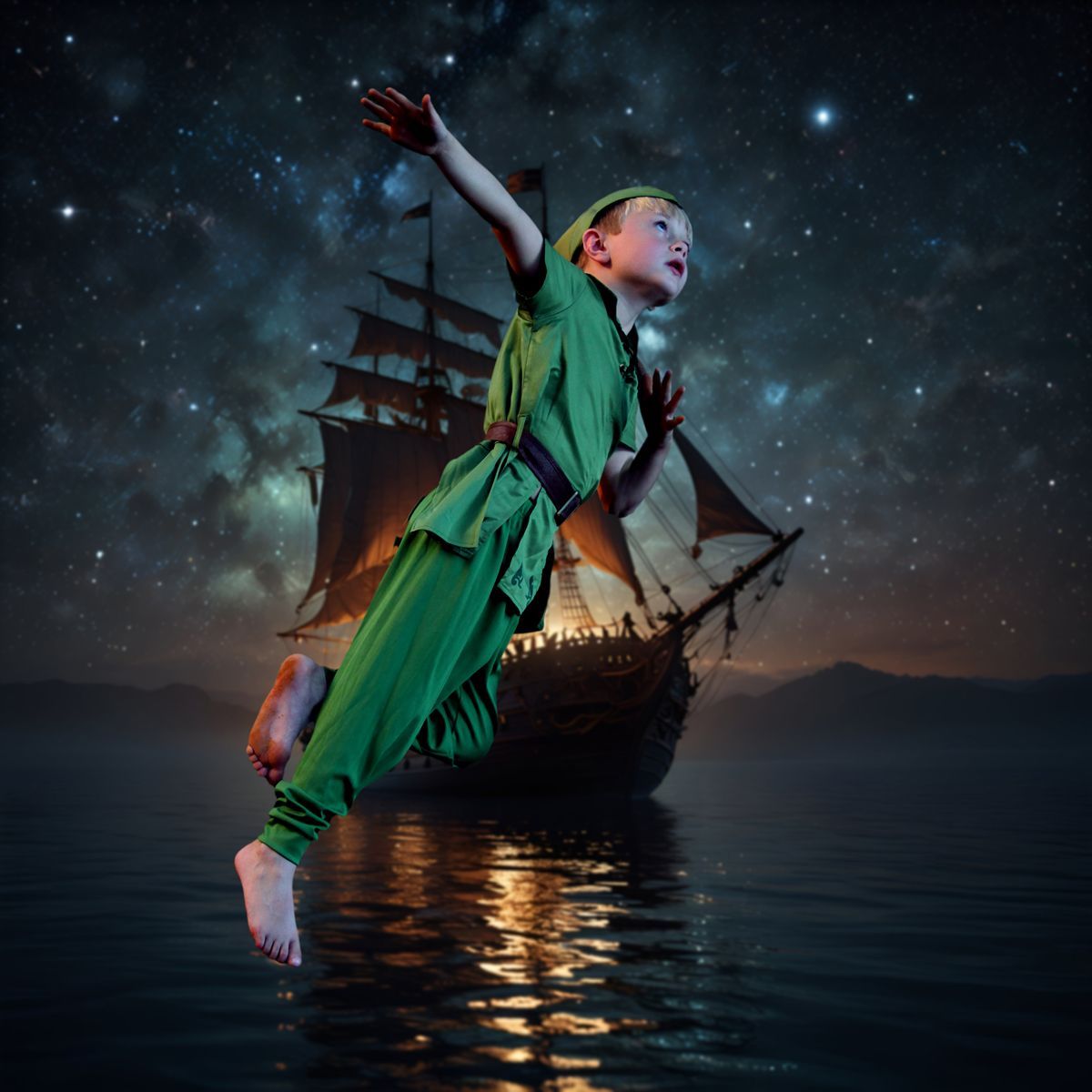 A young boy dressed as peter pan is flying over the water