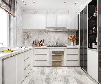 3d-rendering white minimal kitchen with wood decoration