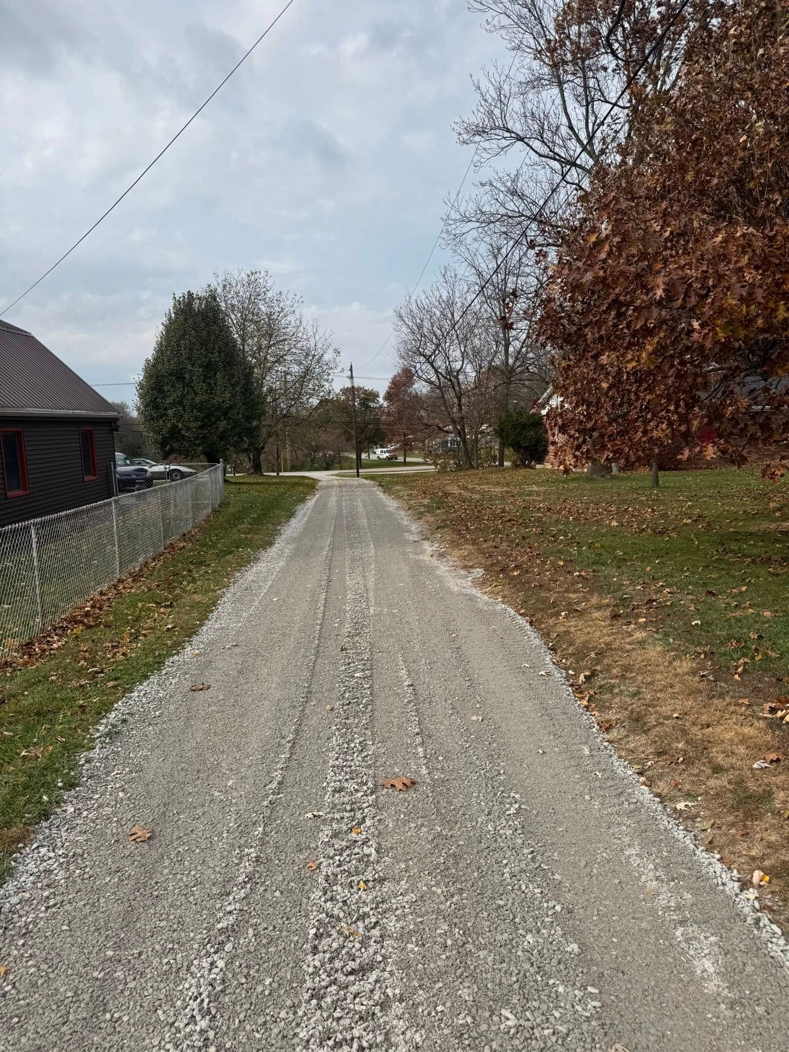 Gravel path through a grassy area, flanked by a fence and trees, leading toward houses under a cloudy sky.