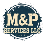 M&P SERVICES LLC logo: dark blue circular design with off-white text and splattered accents.