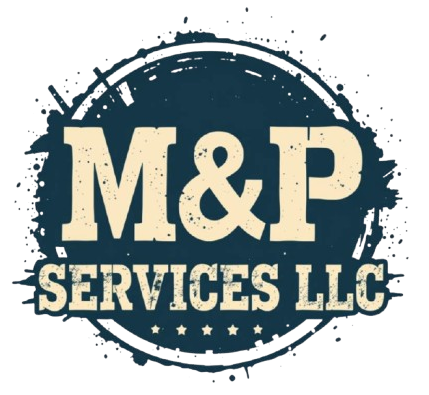 M&P SERVICES LLC logo: dark blue circular design with off-white text and splattered accents.