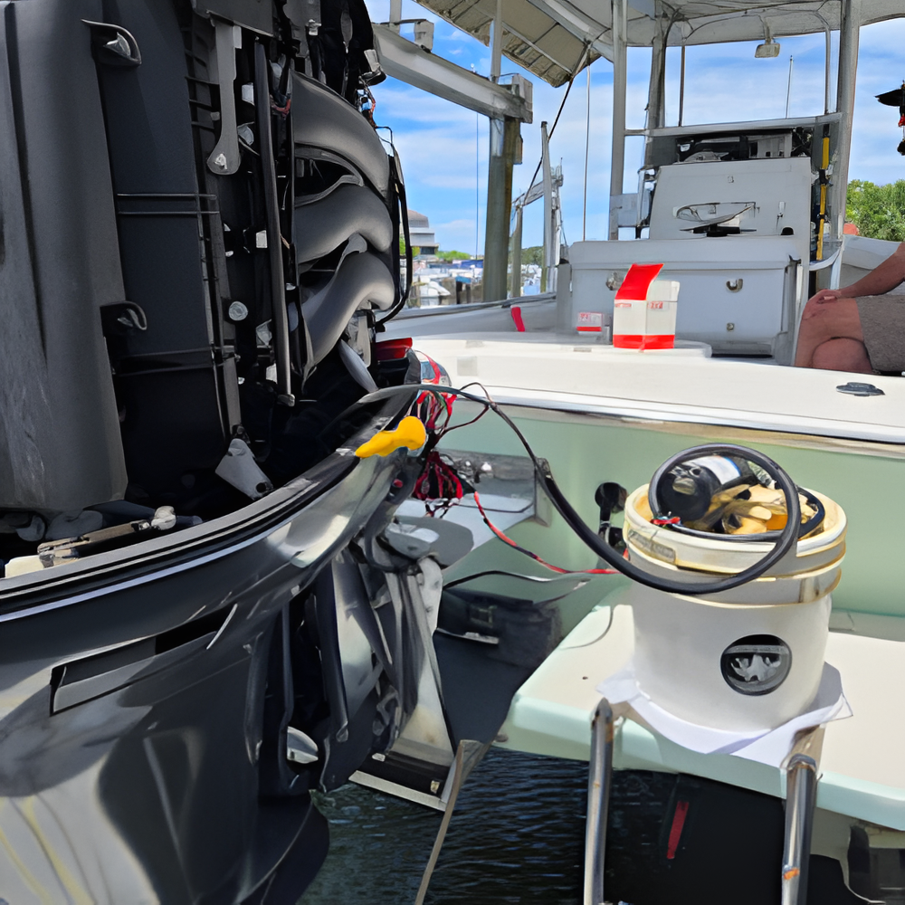 Boat motor connected to a bucket with wires. Boat is docked, a person is seated nearby.