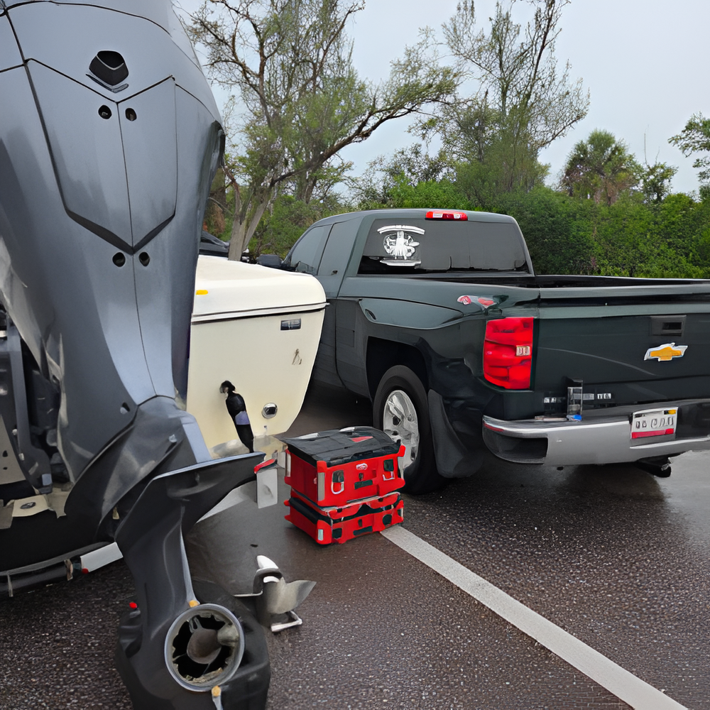 A boat on a trailer next to a dark green pickup truck in a parking lot. A red toolbox sits on the ground.