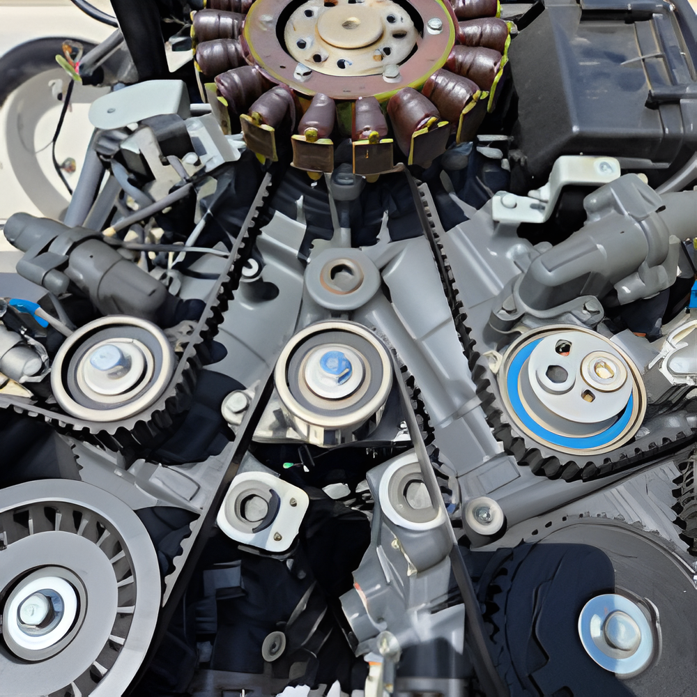 Close-up of a complex engine system with belts, gears, and a central flywheel.