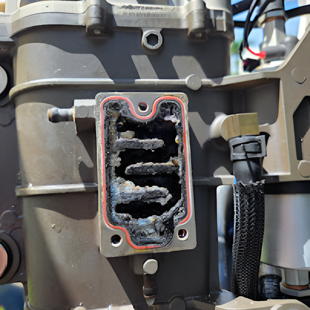 Engine component with a rectangular opening filled with black residue, red gasket visible, close-up shot.