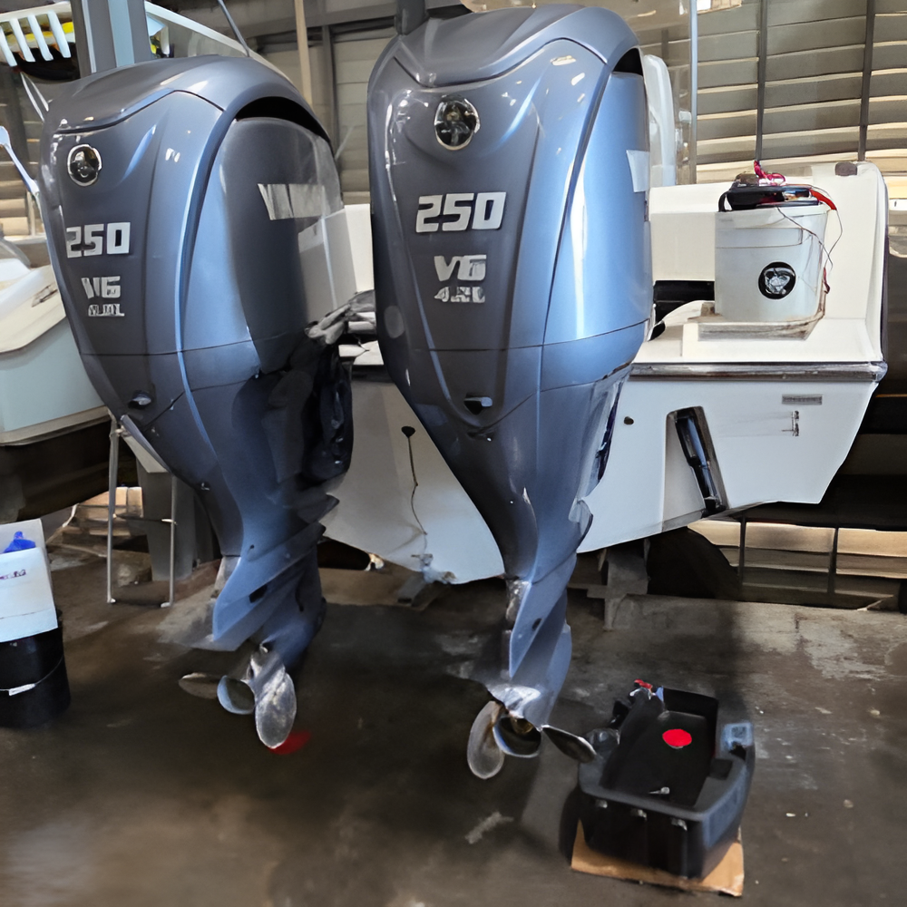 Two gray Yamaha 250 outboard boat motors attached to the stern of a white boat, indoors.