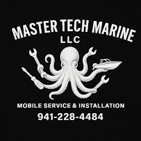 Black logo: Octopus holding tools and boat, 