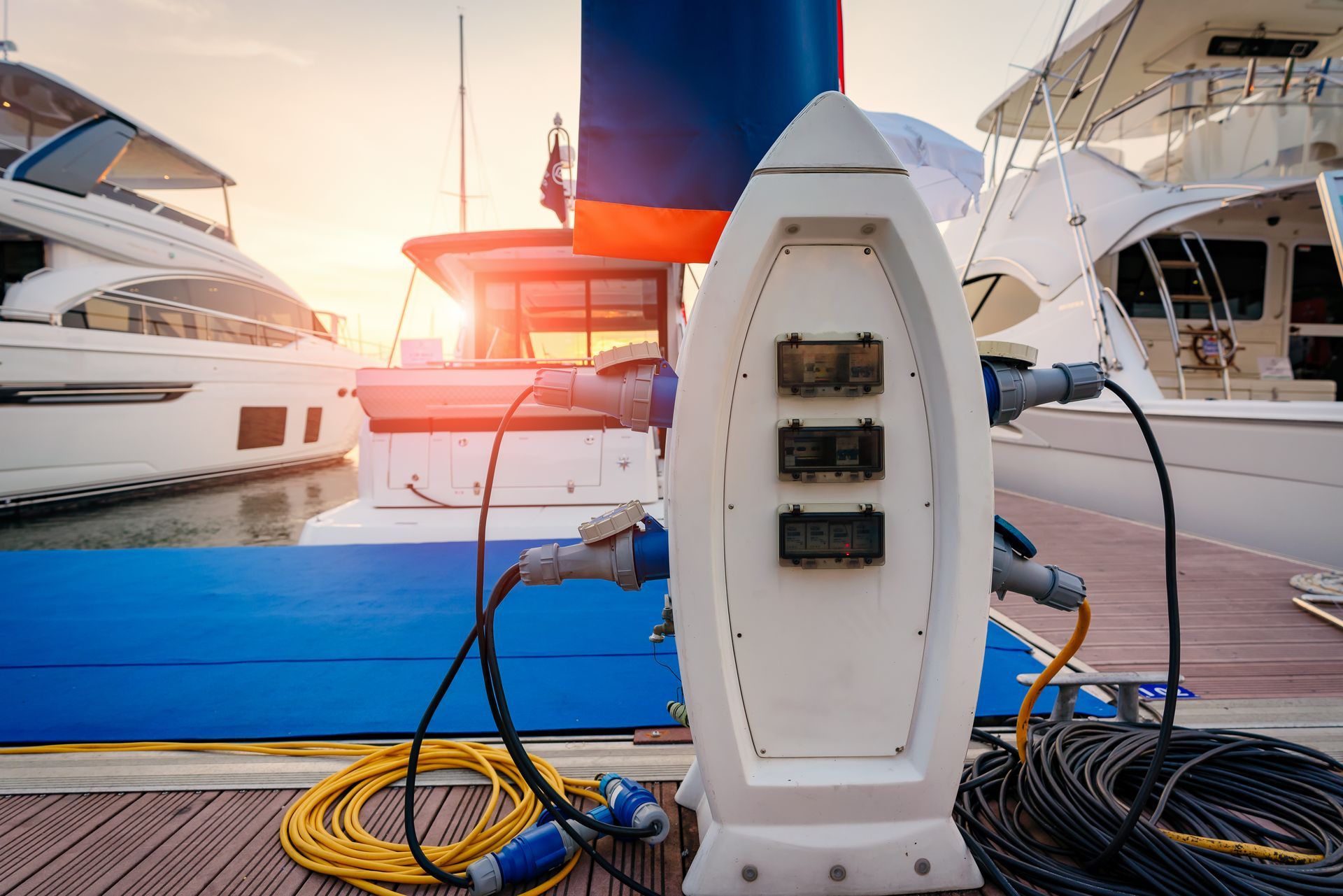 Charging station at a marina with power cables connected to boats; sunset in background.