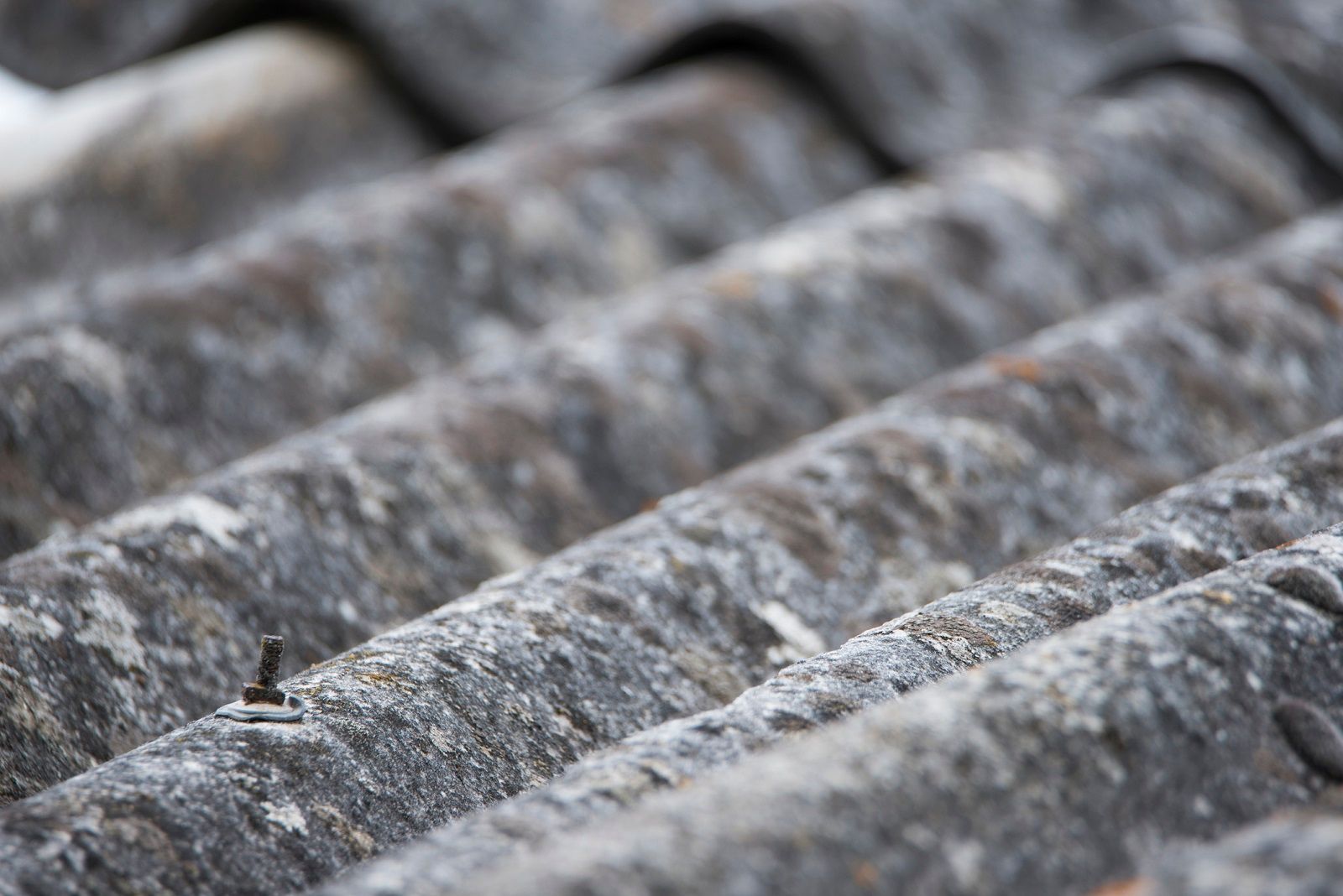 Un primo piano di un tetto fatto di scandole di amianto.