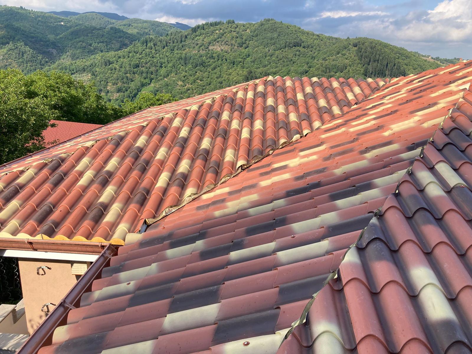 Tetto di tegole rosse e marroni con montagne sullo sfondo.