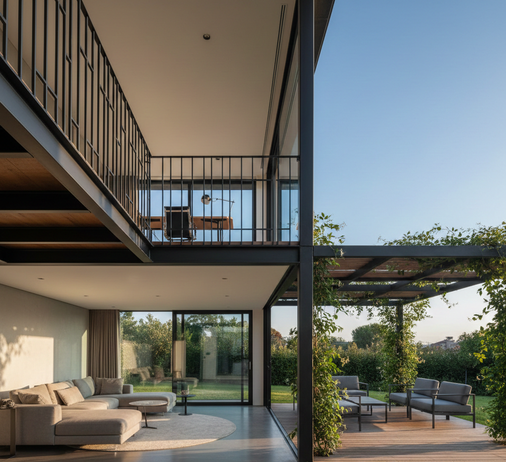 Casa moderna a due piani con pianta aperta; zona giorno con grandi porte a vetri e patio con posti a sedere e pergolato.