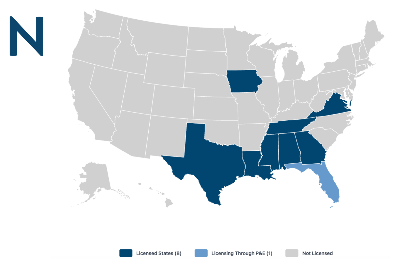 Map of the US with dark blue representing licensed states, light blue for licensing through reciprocity, and grey for none.