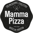 Logo for Mamma Pizza: Black badge with white text, says 