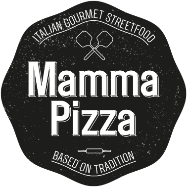 Logo for Mamma Pizza: Black badge with white text, says 