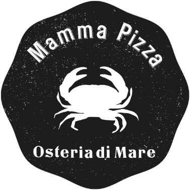 Logo for Mamma Pizza Osteria di Mare, featuring a crab icon in white against a black, textured background.