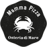 Logo for Mamma Pizza Osteria di Mare, featuring a crab icon in white against a black, textured background.