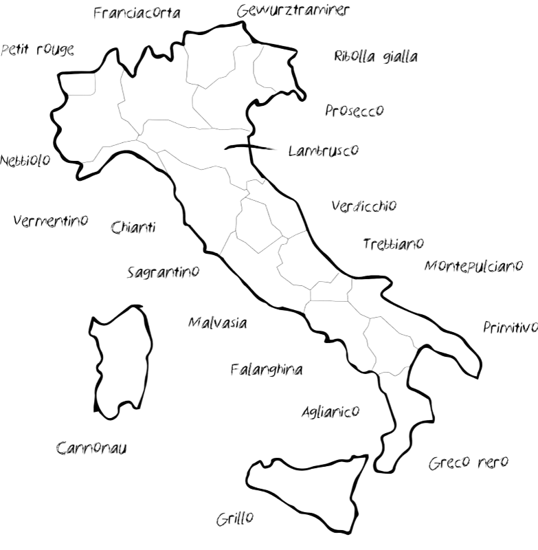Map of Italy with wine grape names labeled across the country.