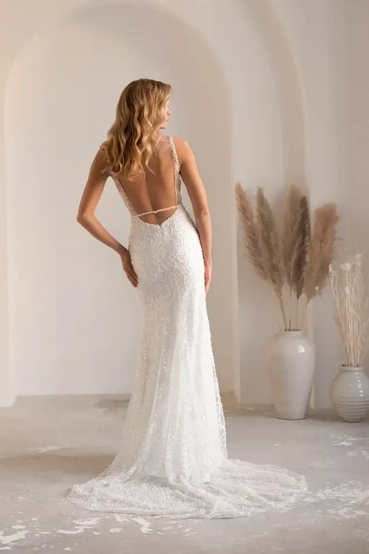 The back of a woman in a wedding dress is shown.