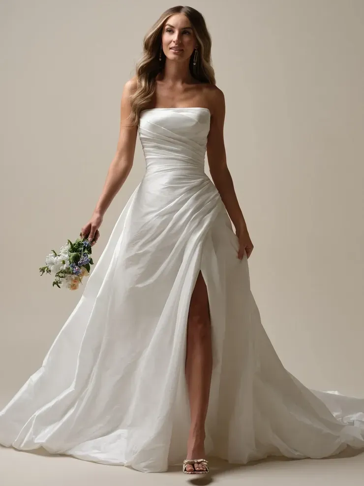 A woman in a white wedding dress is holding a bouquet of flowers.