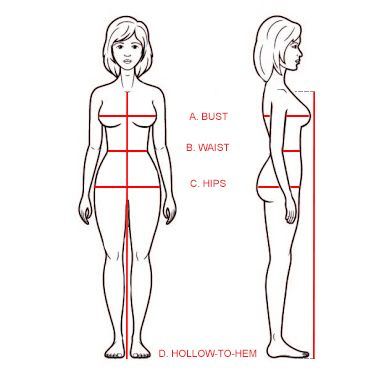 A black and white drawing of a woman 's body with measurements.