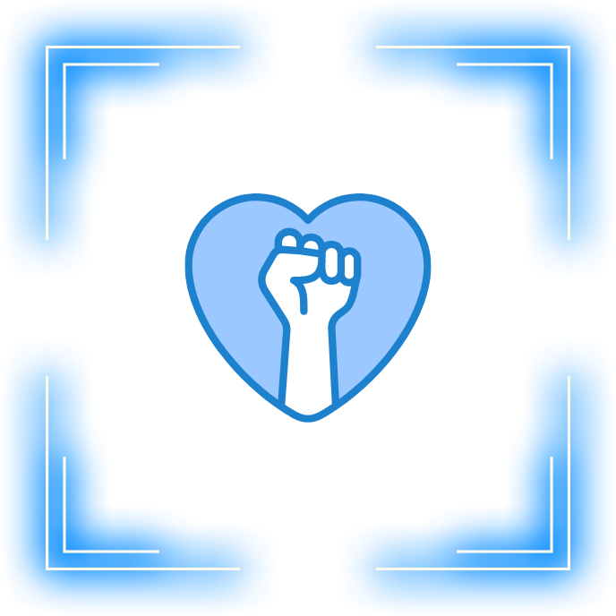 Blue heart with raised fist, outlined with blue.