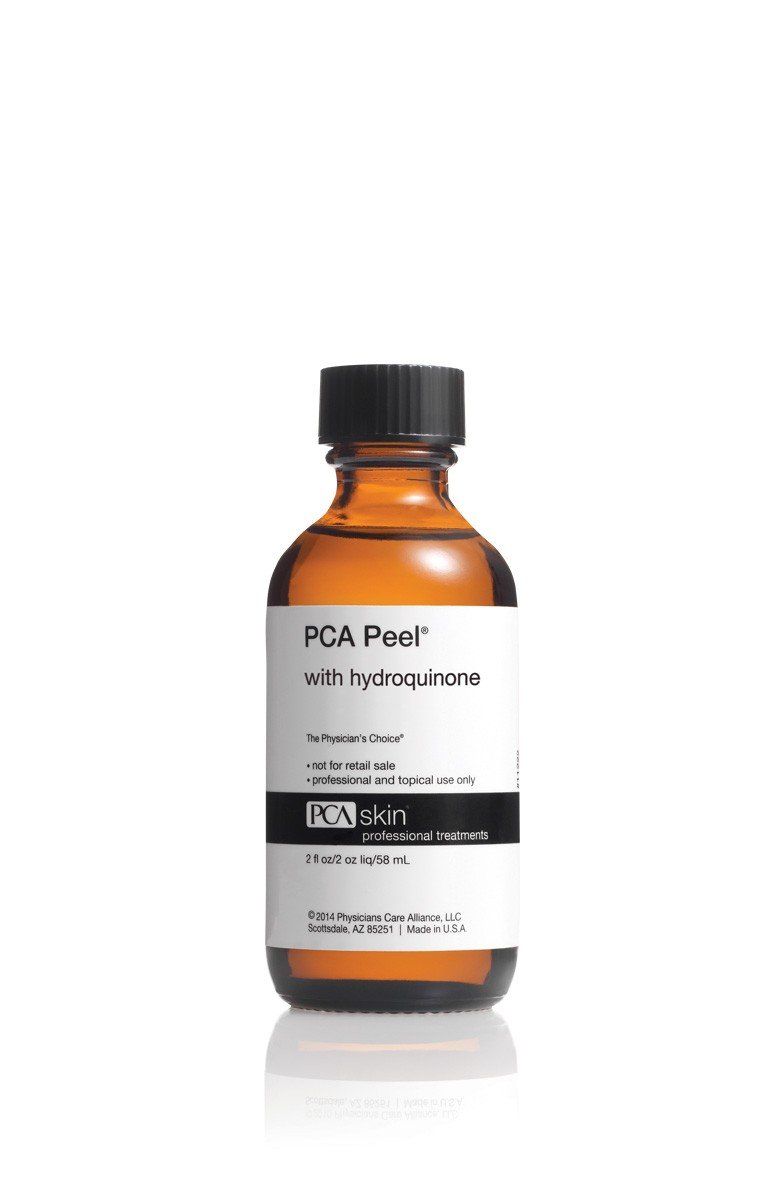 A bottle of pca peel with hydroquinone is sitting on a white surface.