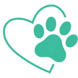 Teal heart outline with a paw print inside on a white background