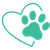 Teal heart outline with a paw print inside on a white background