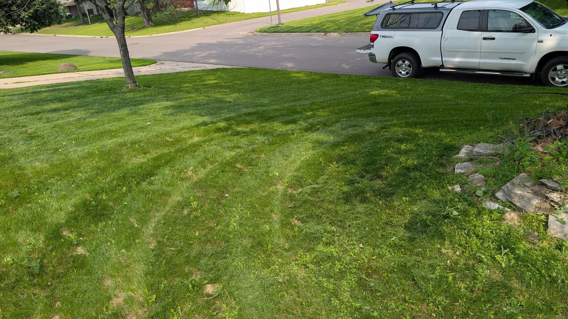 Green lawn, white truck parked on a driveway, tree on the left, sunny day.