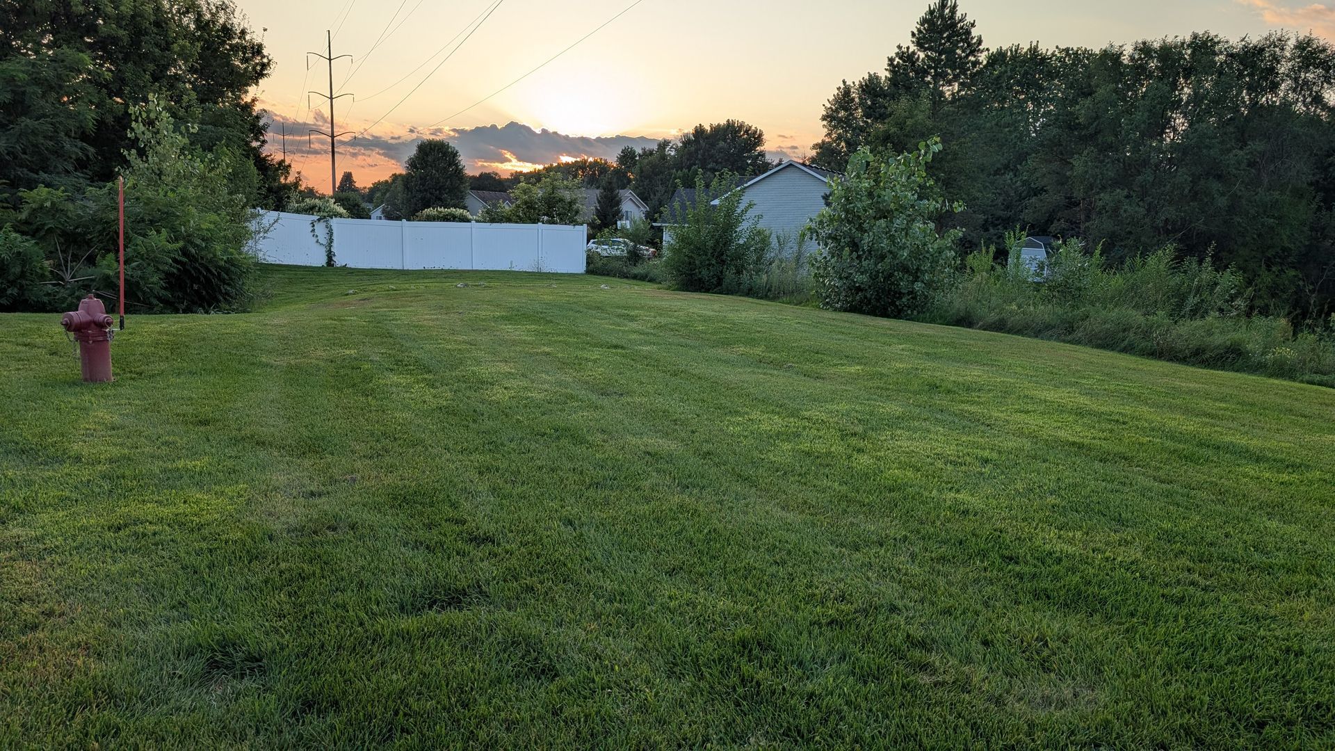 Green lawn with fire hydrant, white fence, and trees at sunset.