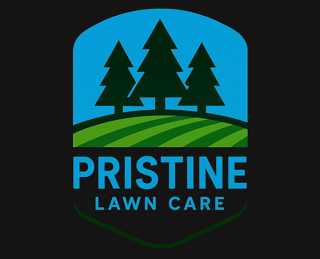 Logo: blue and green design with trees, grass, and "PRISTINE LAWN CARE" text.