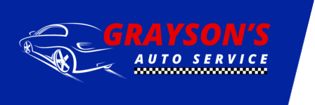A logo for grayson 's auto service with a checkered flag and a car.