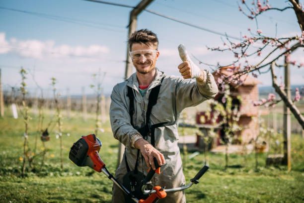A man is holding a lawn mower and giving a thumbs up.