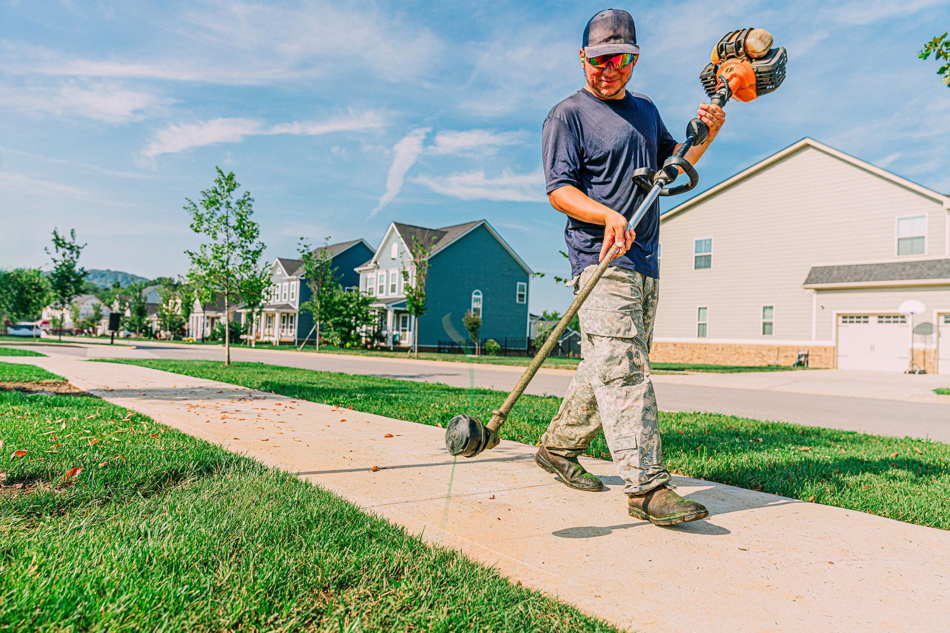 A man is walking down a sidewalk while using a lawn mower.
